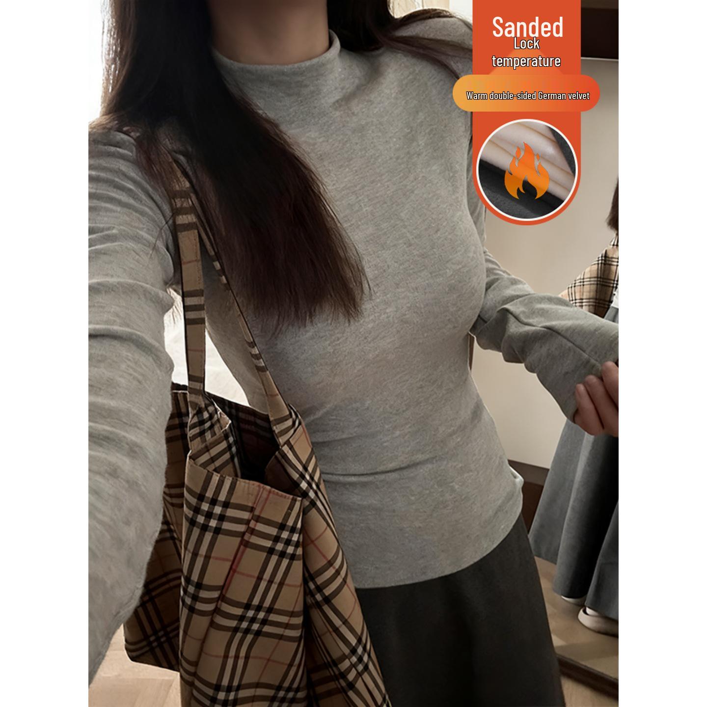 Women s Thickened Warm Half-High Collar Silver Fox Fur Base Layer Top Large