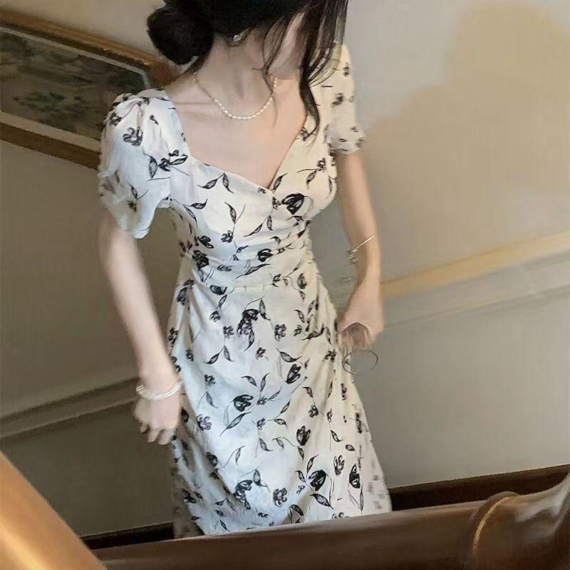 Coffee Break French Backless Dress Women's Summer Temperament Long Dress Waist Thin Gentle Wind Floral Skirt Pure Desire