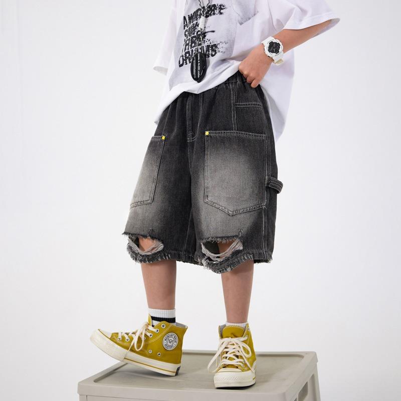 Boys' Summer Ruffian Handsome Ripped Five-point Tooling Denim Shorts, New Children's Boys Loose and Thin Pants