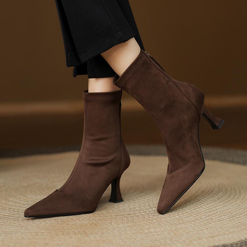 

Brown Boots Women s Autumn and Winter Pointed Short Boots Skinny Boots Thin Heels High Heels Versatile Elastic Boots Short Boots Single Boots Women s 34