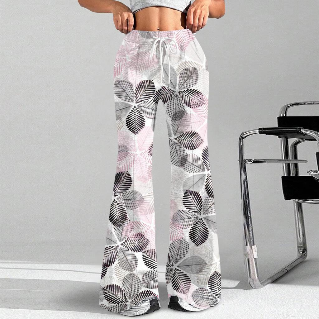 Women's Fashion Loose Drawstring Waist Floral Print Casual Sports Pants Casual Flared Pants