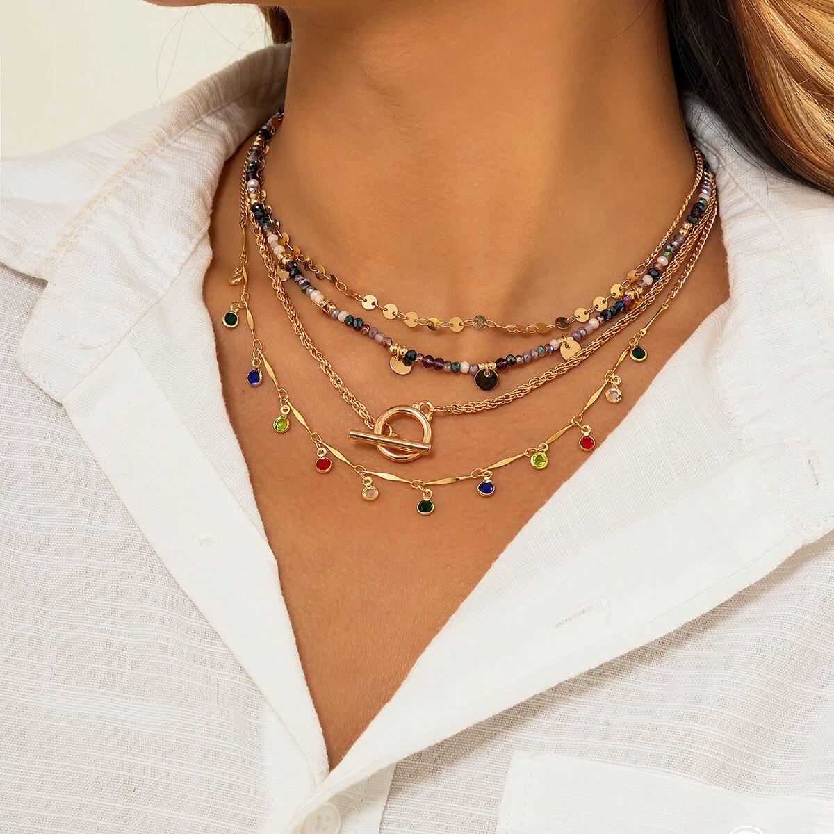 

4Pcs/Set Boho Colorful Crystal Sequin Tassel Pendant Choker Necklace for Women Trendy Summer Vintage OT Buckle Chain Y2K Jewelry