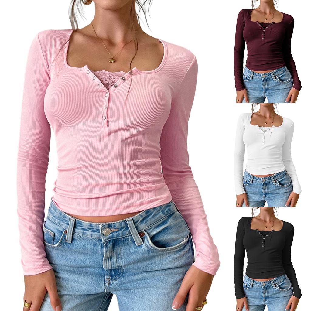 Women's Casual V-neck Buttoned Sexy Slim Ribbed Knit Long-sleeve Top