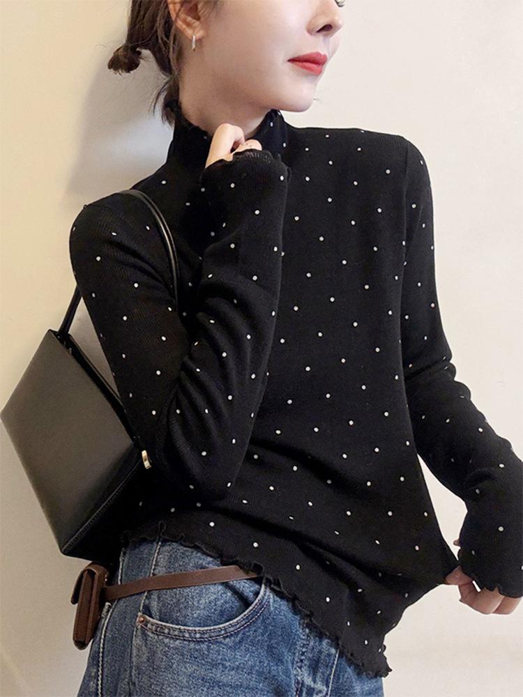 

Brushed Polka Dot Ruffled Knit Top - Women s Slim Fit with Half-High Collar & Long Sleeves for Spring, Autumn, Winter 2026