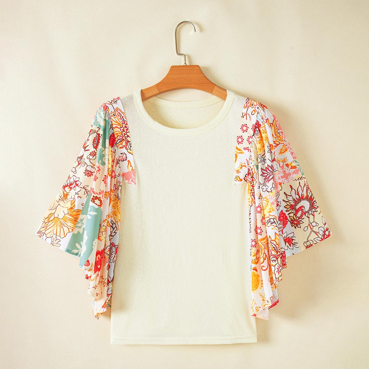 

Shiying Floral Print Five-Sleeve Loose Fit T-shirt for Women - Spring/Summer Fashion XL бежевый