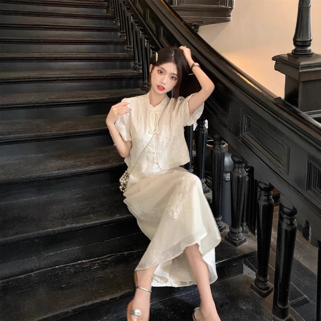 New Chinese Women's National Style Skirt, New High-end Chic Improved Cheongsam Skirt Two-piece Set Summer