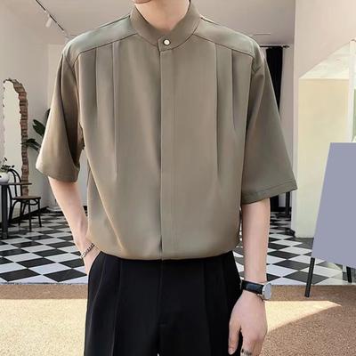 Men Summer Shirt Stand Collar Ice Silk Solid Color Pleated Loose Fit Cardigan Half Sleeves Mid Length Casual Business Mature Men Office Top