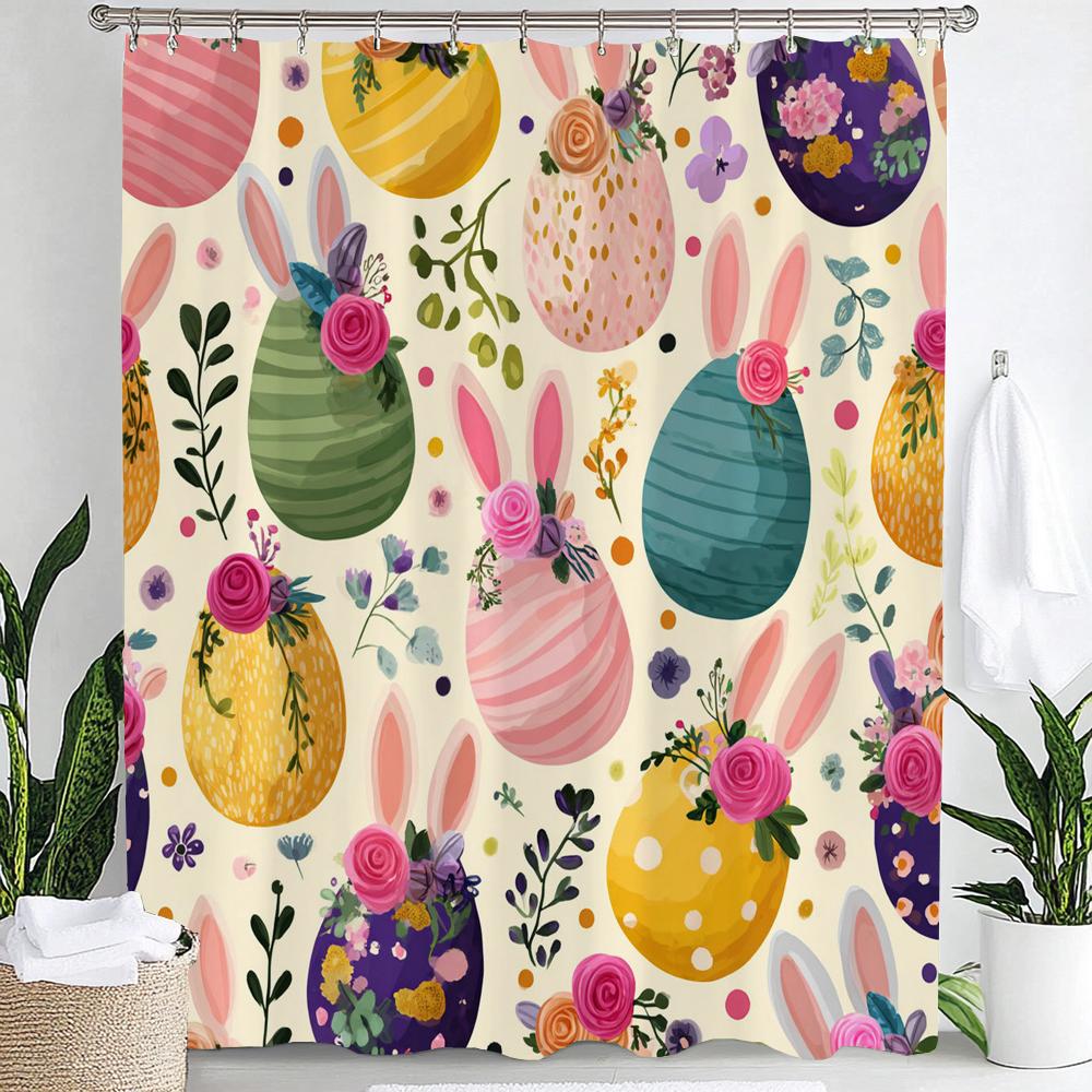 Cute Bunny Shower Curtain, Egg Happy Easter Floral Spring Bathroom Curtain, Modern Decorative Fabric Home Curtain With Hooks