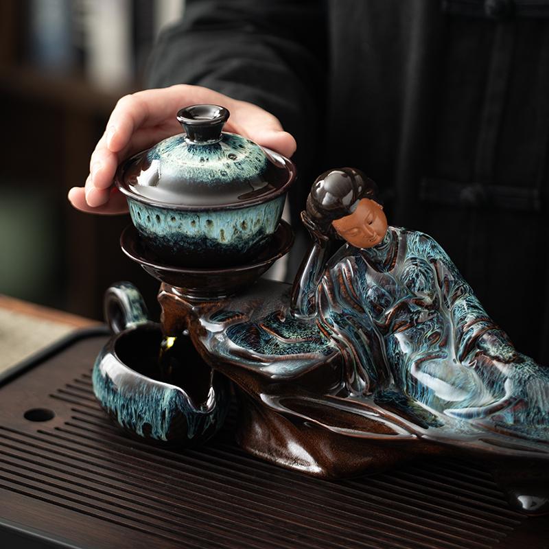 1 Set of Creative Lazy Tea Set, Semi-automatic Beauty Teapot, Magnetic Rotating Water Guide, Chinese Kung Fu Tea Set