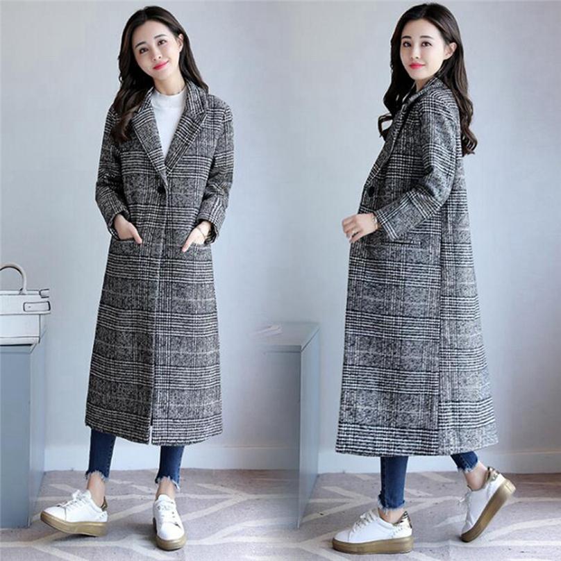 Autumn Korean Style Fashion Women's Plaid Woolen Jacket Slim Thin Long Thick Coat