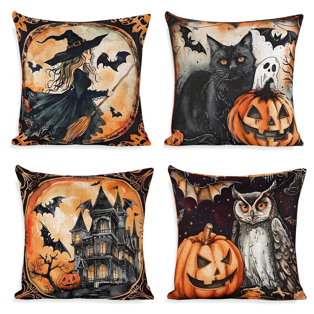 1pc Halloween Cushion Cover Black Cat Pumpkin Witch Castle Print Soft Cozy Pillow Cover Suitable for Halloween Sofa Decoration