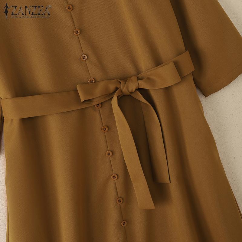 ZANZEA Women Casual V-Neck Solid Color Loose Long Sleeve Dress