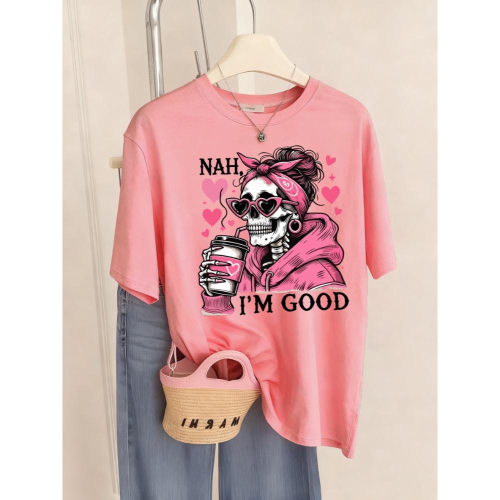 I'M Good Coffe Heart Skulls Print T-Shirt Women Summer Breathable T Shirts Jogging Short Sleeves Trendy Streetwear