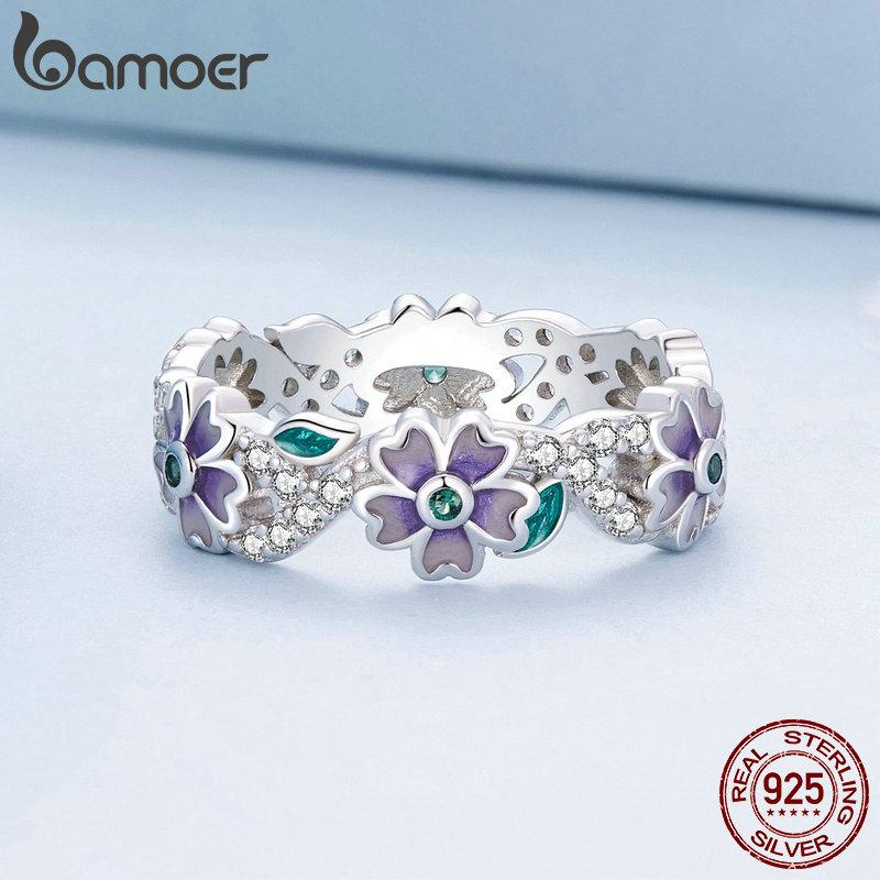 BAMOER 925 Sterling Silver Purple Wreath Ring Flower Finger Ring Original Design Fine Jewelry Gift for Women Party