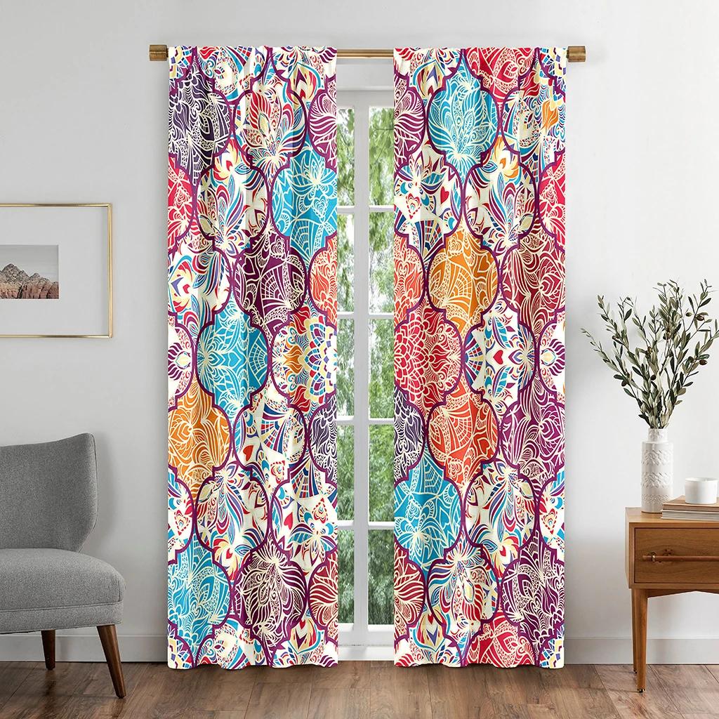 Bohemian Retro Curtain for Bedroom, Thin Polyester Sunshading Window Decorative, Boho Printing, Finished