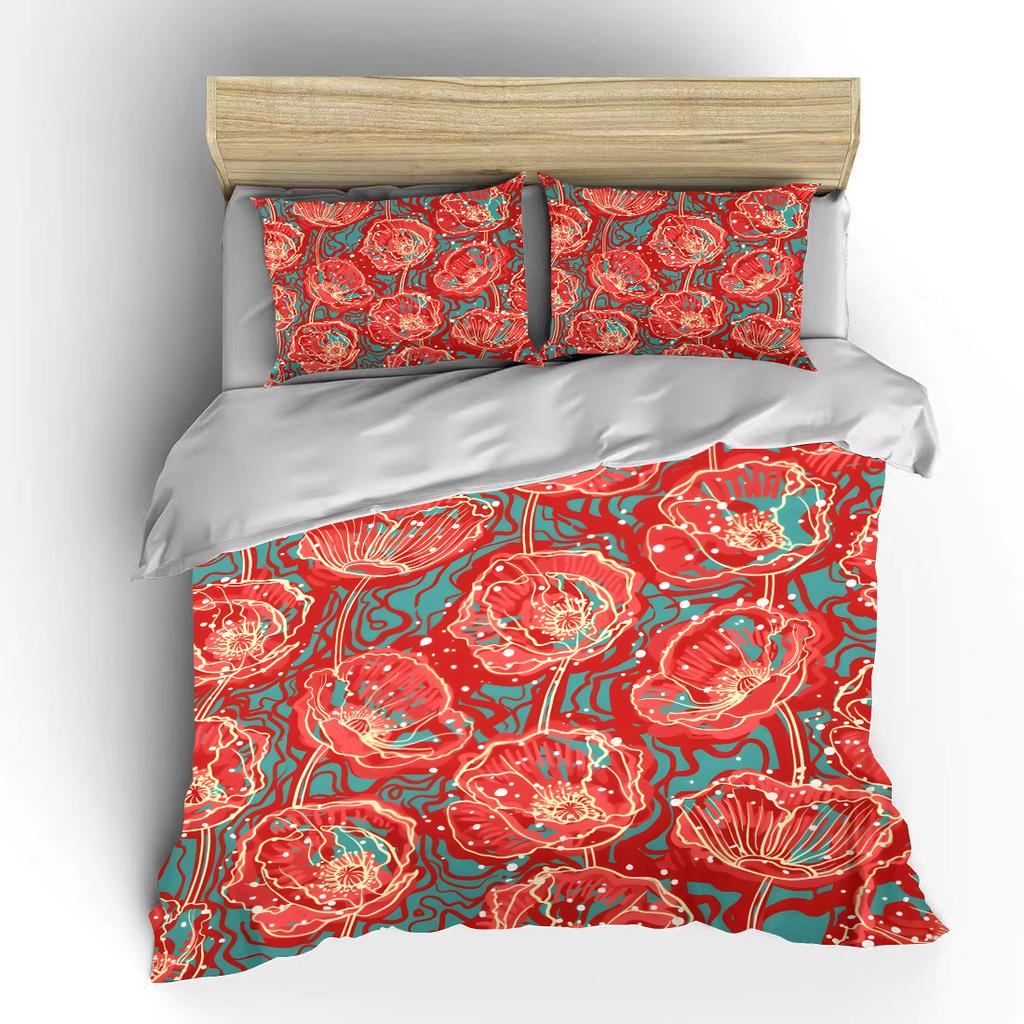 Red flowers with blue background Print Soft Comfortable Duvet Cover Bedding Set Included 1*Duvet Cover 2*Pillowcases