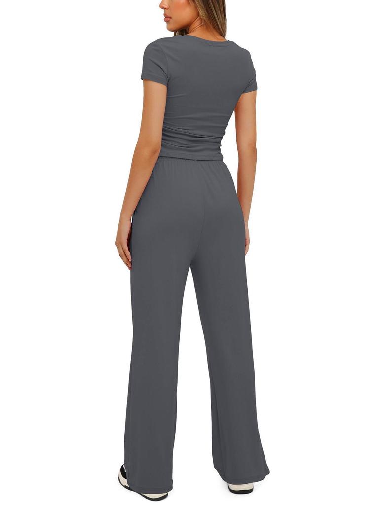 2024 Solid Color Casual Set: Ruffle Sleeve Top & High Waist Wide-Leg Pants Sportswear