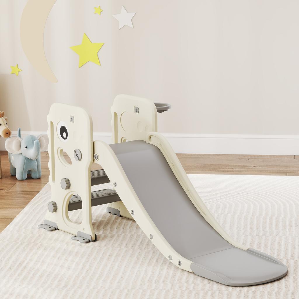3 in 1 Kids Slide with Climber, Basketball Hoop and Ball, Foldable Indoor Toddler Slide for Ages 2-5, Cream White