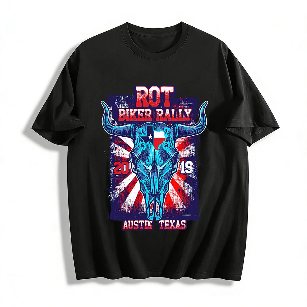 

2019 Austin Texas ROT Biker Rally Western Bull Skull Graphic Tee Pure cotton T-shirt 6XL