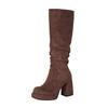 Stivali Alti da Donna in Camoscio con Tacco Chunky e Punta Tonda - Piattaforma Impermeabile Pieghettata Autunno/Inverno.