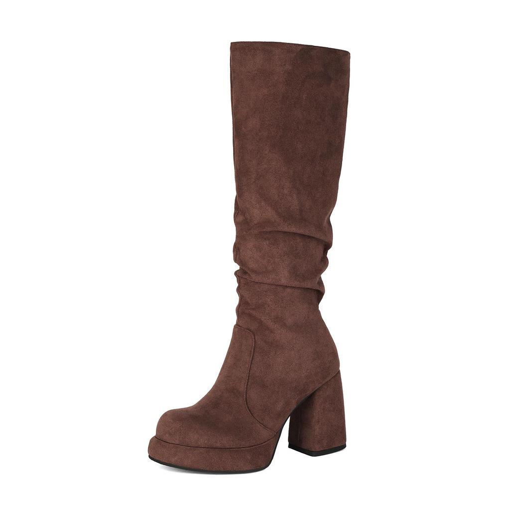Stivali Alti da Donna in Camoscio con Tacco Chunky e Punta Tonda - Piattaforma Impermeabile Pieghettata Autunno/Inverno.