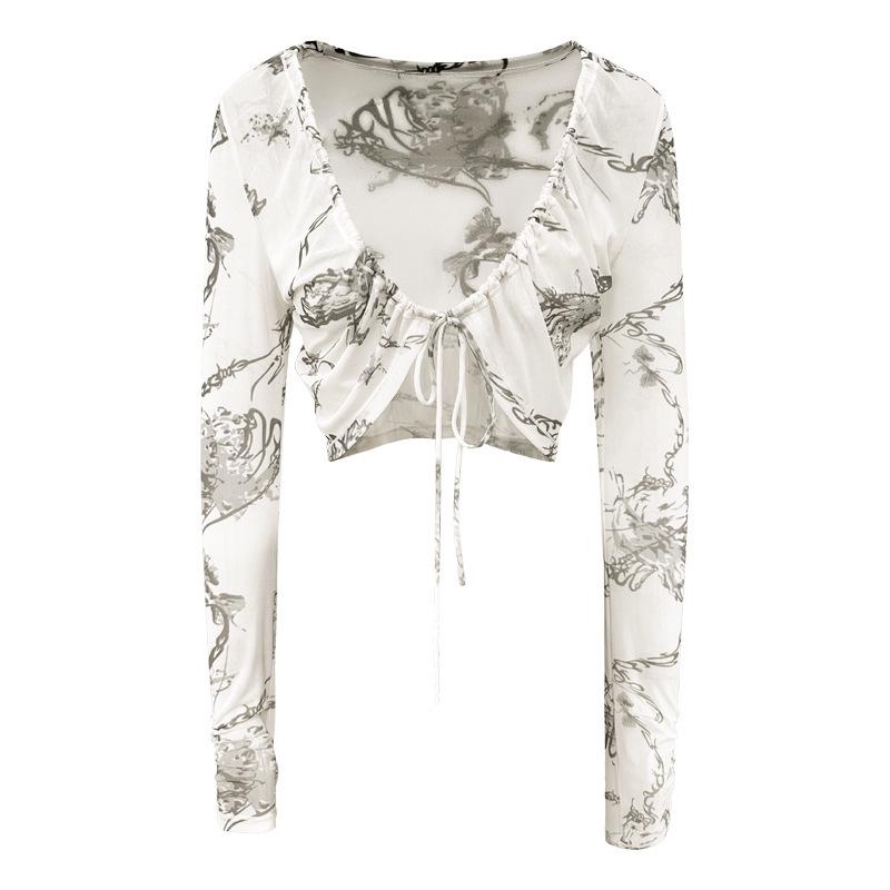 

Женский кардиган для йоги с сетчатым принтом - Спортивная куртка с завязками и длинным рукавом S