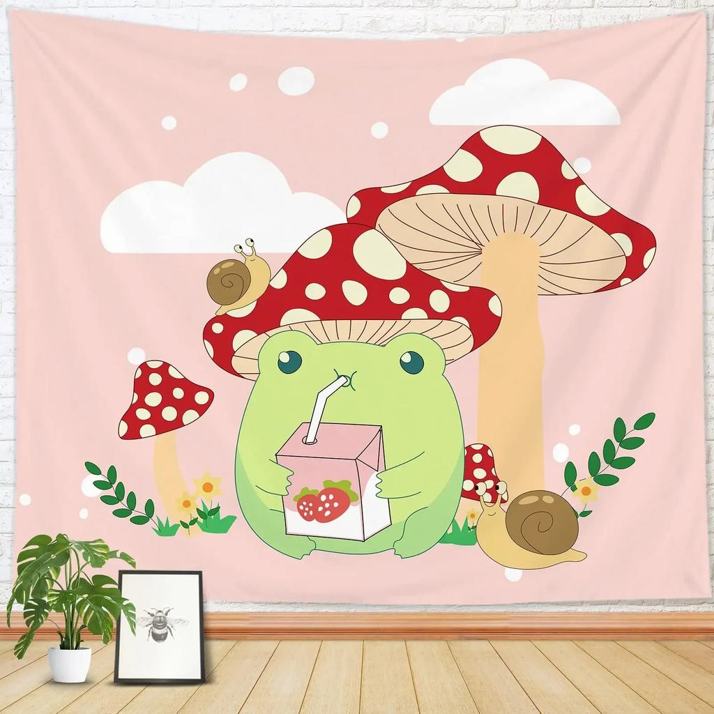 Cute Frog Tapestry Mushroom Tapestries Cartoon Animal Wall Hanging Tapestry for Girl Teen Funny Bedroom Living Room Dorm Decor