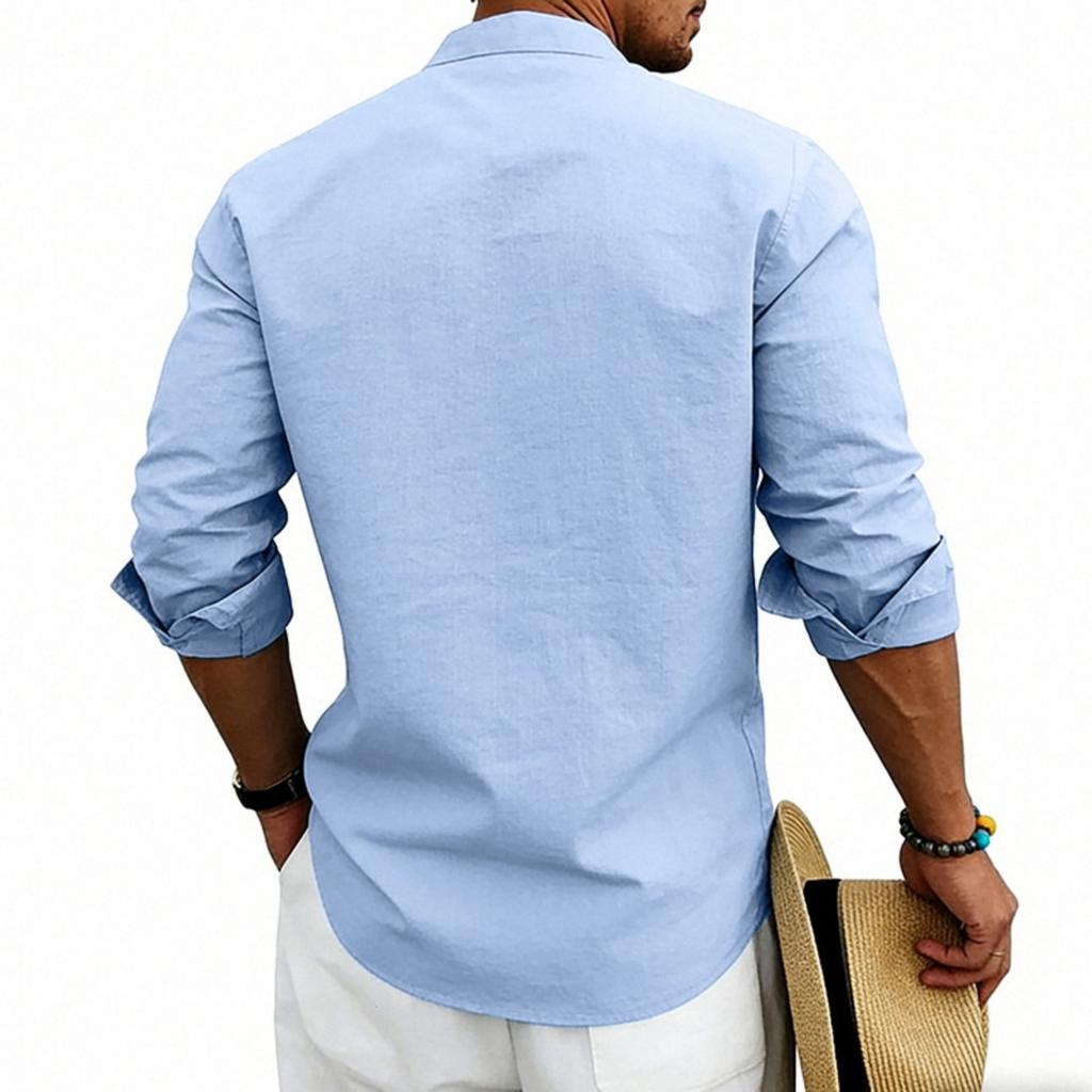 Herren Leinen Hemd mit Knopfleiste und Kragen, Langarm, Ethnischer Stil, Europäisch-Amerikanisches Button-Down Hemd