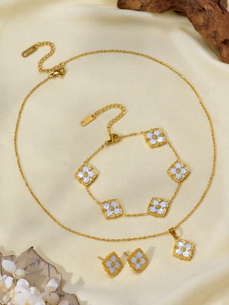 1 piece 18k Gold plated stainless steel lucky clover pendant necklace for women's daily accessories jewellery bracelet earrings