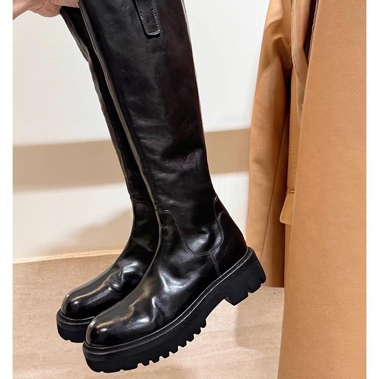Grape mother of the same style, high-quality leather round head thick sole thick heel thin medium-length knight boots women's new autumn and winte