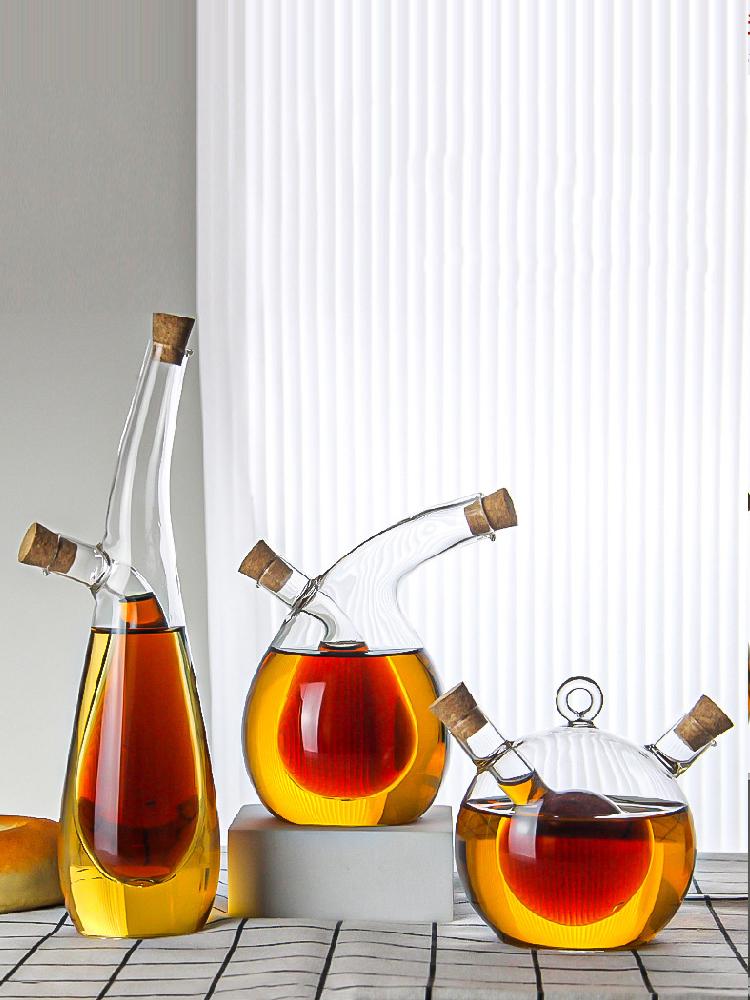 Double-layer Glass Oil Jug 2-in-1 Oil Vinegar Bottle Home Creative Double-mouth Cork Shaped Glass Oil Jug Kitchen Seasoning Tool