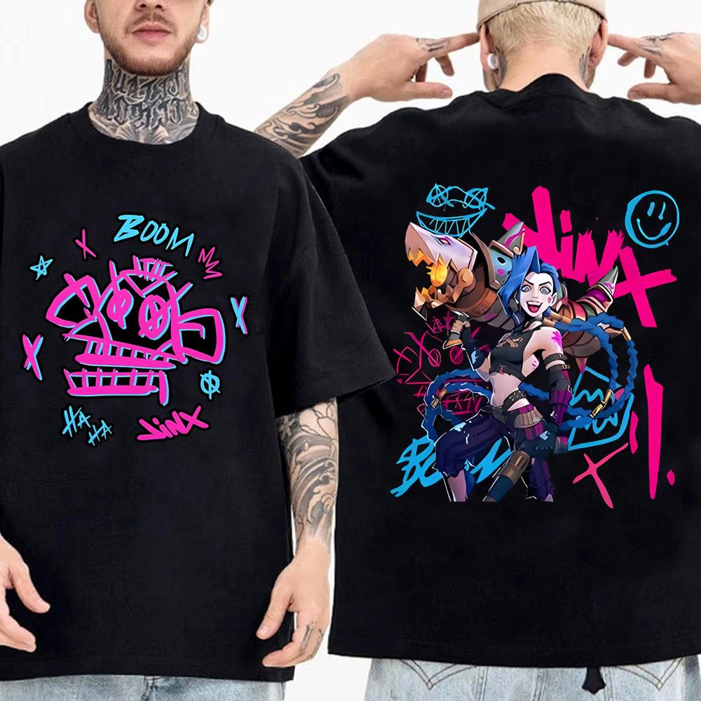 

Cartoon Arcane T Shirt Men Jinx Fashion Streetwear Anime Graphic Tee Tops High Quality Cotton Short Sleeve T-shirt M