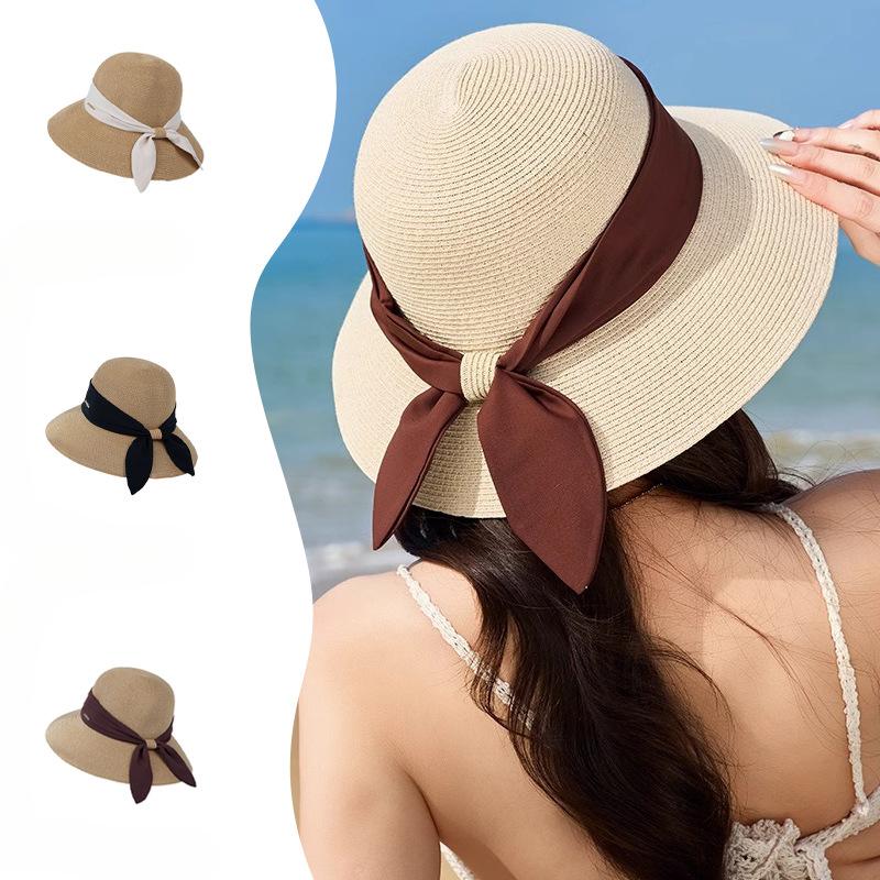 Neuer Damen-Strohhut für Frühling und Sommer, frische Strohflechterei, Strandurlaub, einfacher Sonnenschutz, modische süße Schleife, Strohhut, Fischerhut