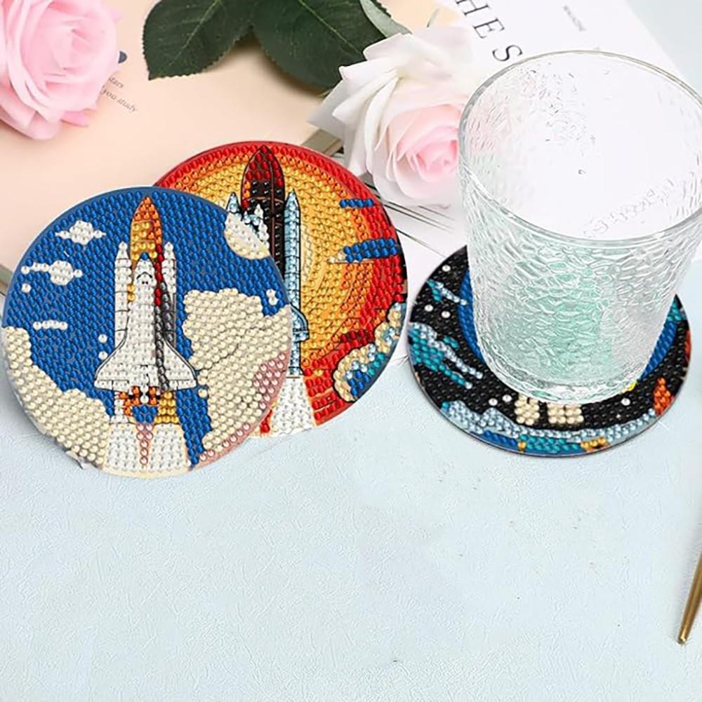 8 Pieces/set of Diamond Painted Rocket Patterned Coasters with Brackets DIY Coasters for Beginners and Adults, Art and Craft Supplies Gifts