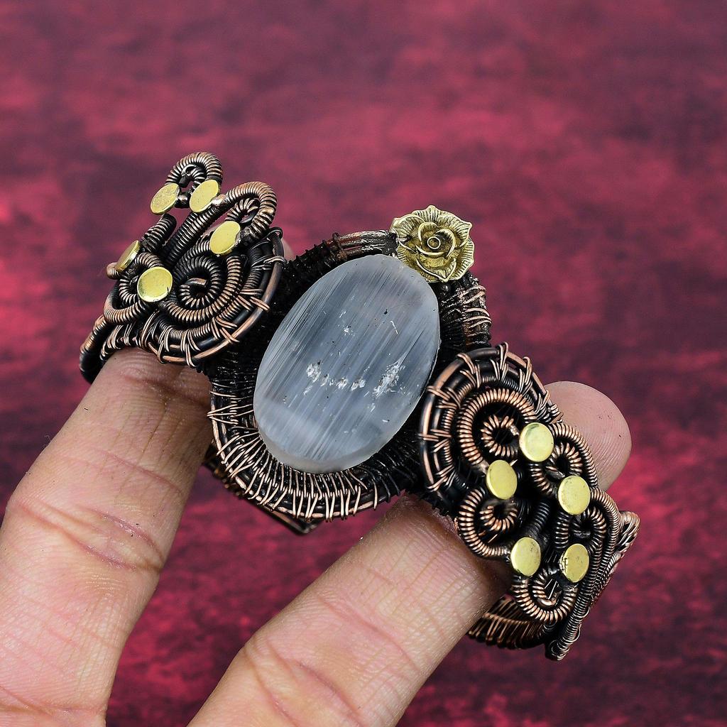 Selenite Druzy Bangle Flower Jewelry Copper Wire Wrapped Adjustable Cuff Bracelet