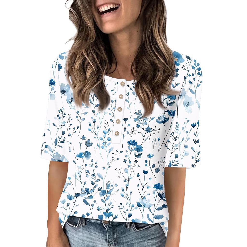 Shirts For Women Trendy Round Neck Button T Shirts Printed  Blouse Half Sleeve Tops For Women