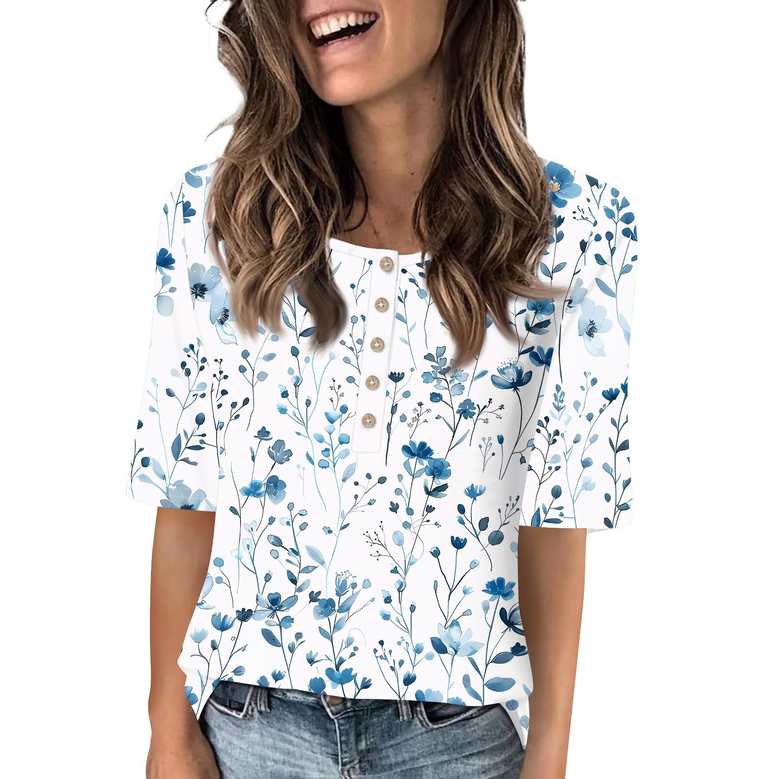 

Рубашки для женщин, модные футболки с круглым вырезом и пуговицами, блузки с принтом, топы с коротким рукавом для женщин XXL