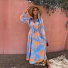 European and American New Long-sleeved Pleated Waist Printed V-neck Dress for Women