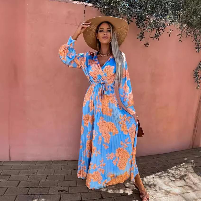 European and American New Long-sleeved Pleated Waist Printed V-neck Dress for Women