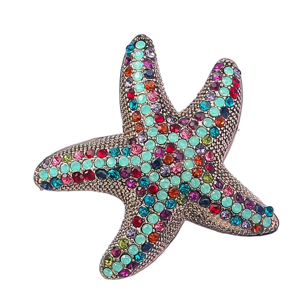 Korean Marine Life Brooch: Starfish & Shell Pin with Metal, Diamond, & Pearl Accents