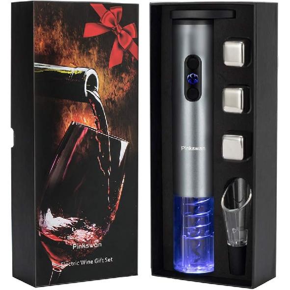Wine Opener Electric Gift Set, Whiskey Stone Wine Lover Gifts with Wine Accessories of Automatic Corkscrew, Metal Ice Cube, Wine Pourer, Foil Cutter