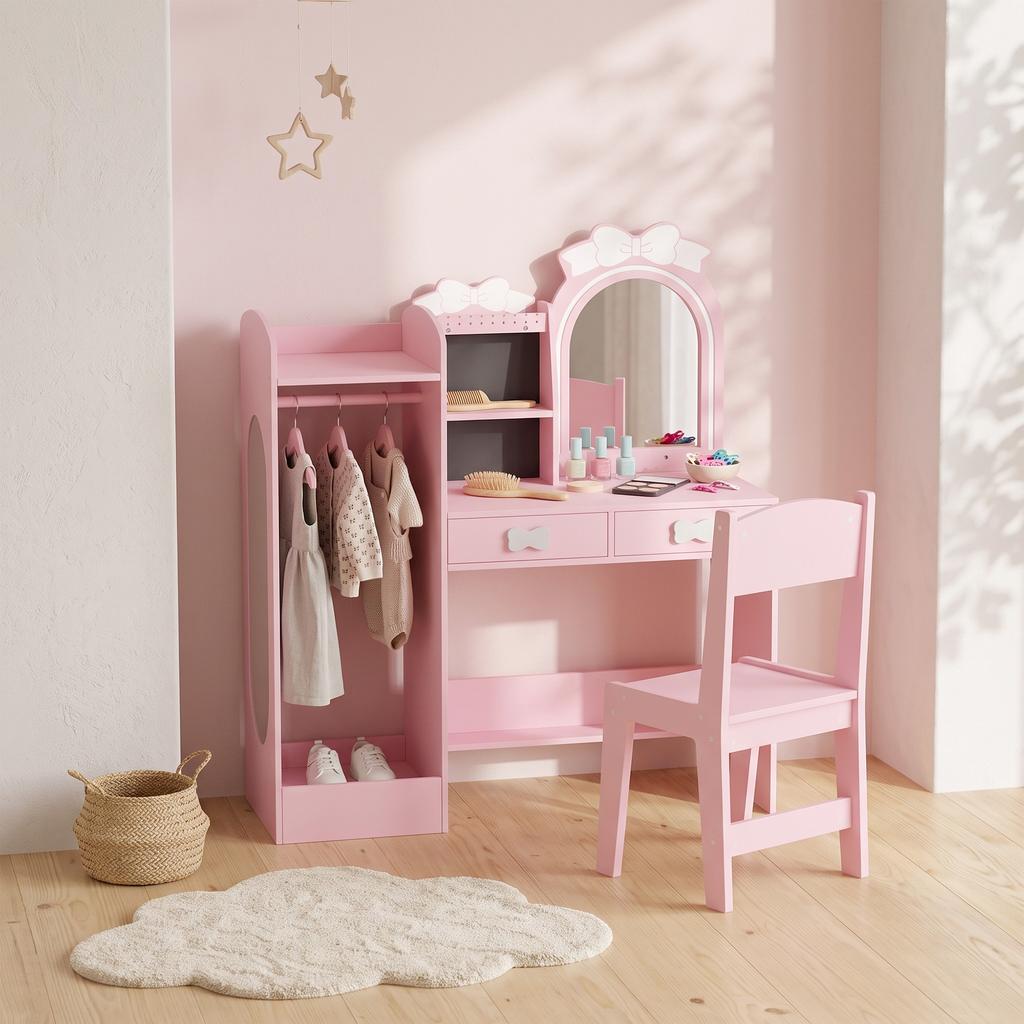 Kids Dressing Table, 3-in-1 Kids Vanity Set with Stool, Pink