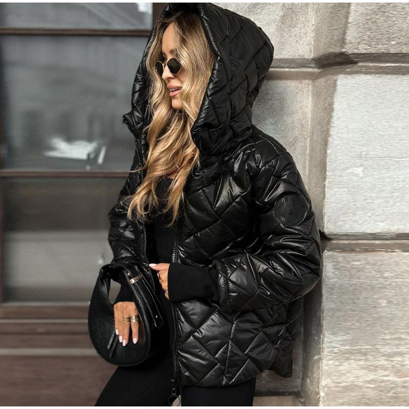 Autumn and Winter New Fashion Trend Diamond-shaped Pressure Grid Loose Hooded Cotton-padded Warm Jacket