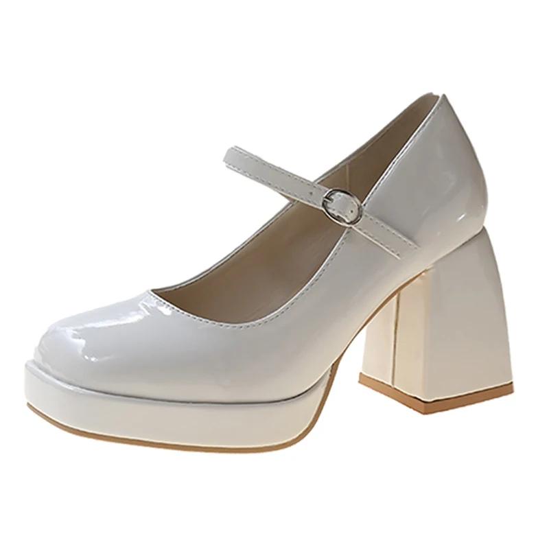 Vintage Chunky High Heels Mary Jane Shoes for Women Square Toe Thick Heel Black Lolita Shoes Patent Leather Platform Pumps Mujer