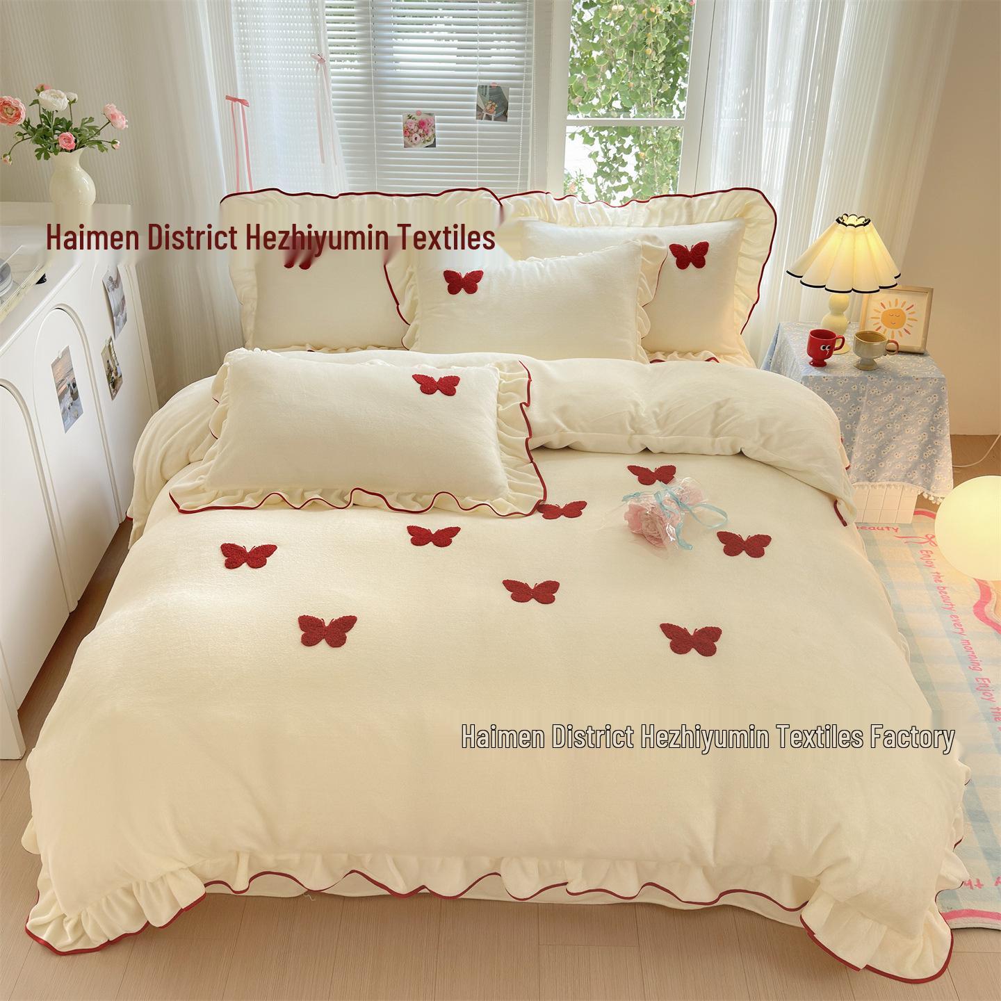 

Butterfly High Fly Warm Velvet Winter Bedding Set - Flannel Duvet Cover, Cream Style, 4 Pieces. 1.2m Bed 3-Piece Set (150*200cm Duvet Cover)