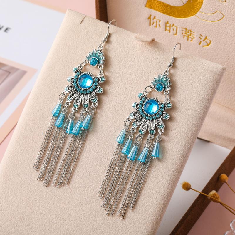 Vintage Ethnic Colorful Crystal Dangle Earrings for Women Classic Beach Chain Tassel Drop Earring Female Pendiente Bijoux