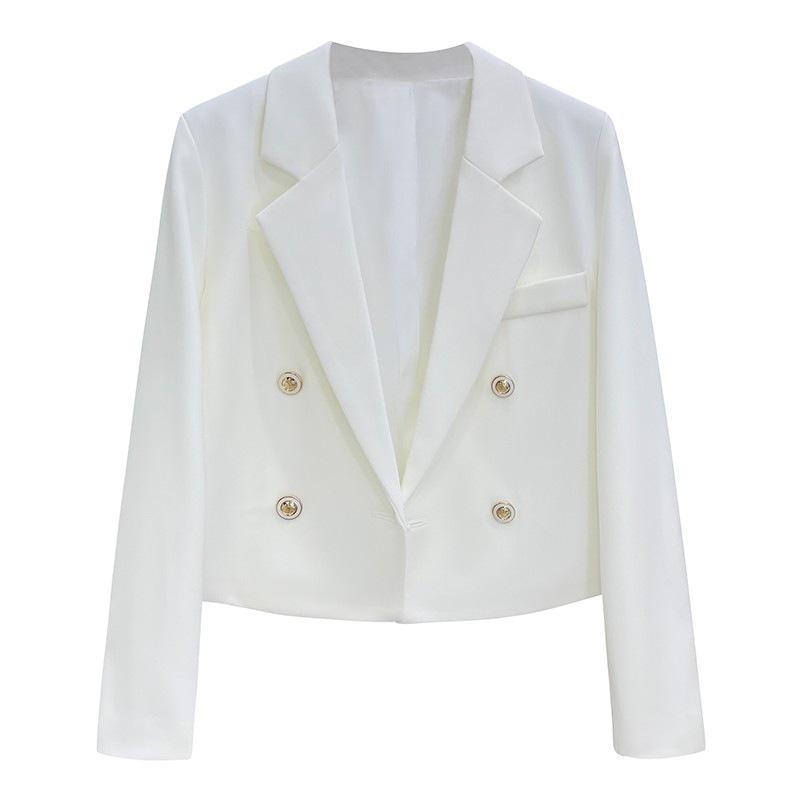Women's Slim Fit Double-Breasted White Blazer, High-Waisted, Long-Sleeved, Short Suit for Spring/Autumn 2024, Petite Temperament.