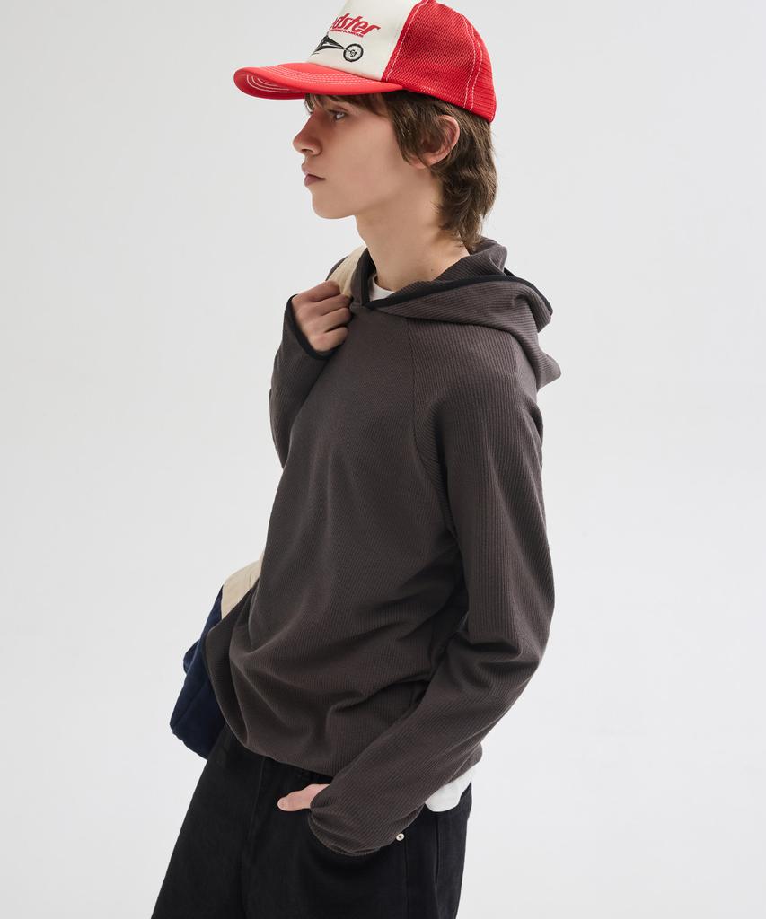 Ribbed Hooded Long Sleeve T-Shirt [Charcoal]