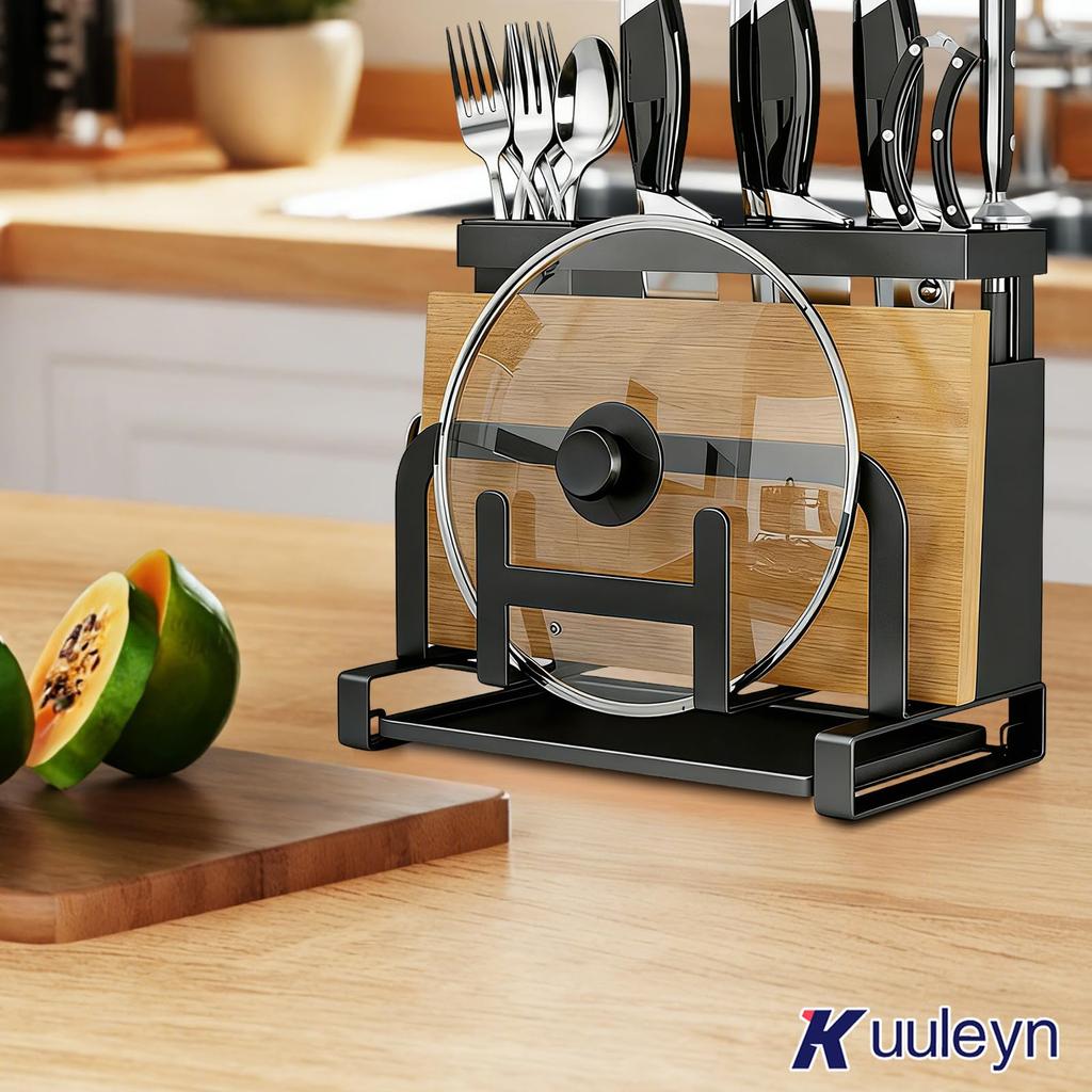 Suport de depozitare multifuncțional pentru bucătărie cu tocător, suport pentru cuțite, capace de oală, bețișoare și tavă de scurgere pentru bucătărie, suport negru, suport, suport, suport,