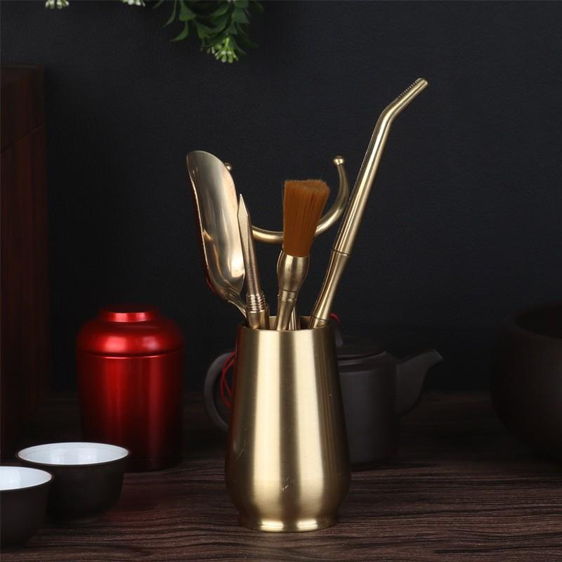 Brass Tea Ceremony Set With Tongs Pick Scoop Brush Holder - 6-Piece Gourmet Tools In Gift Box